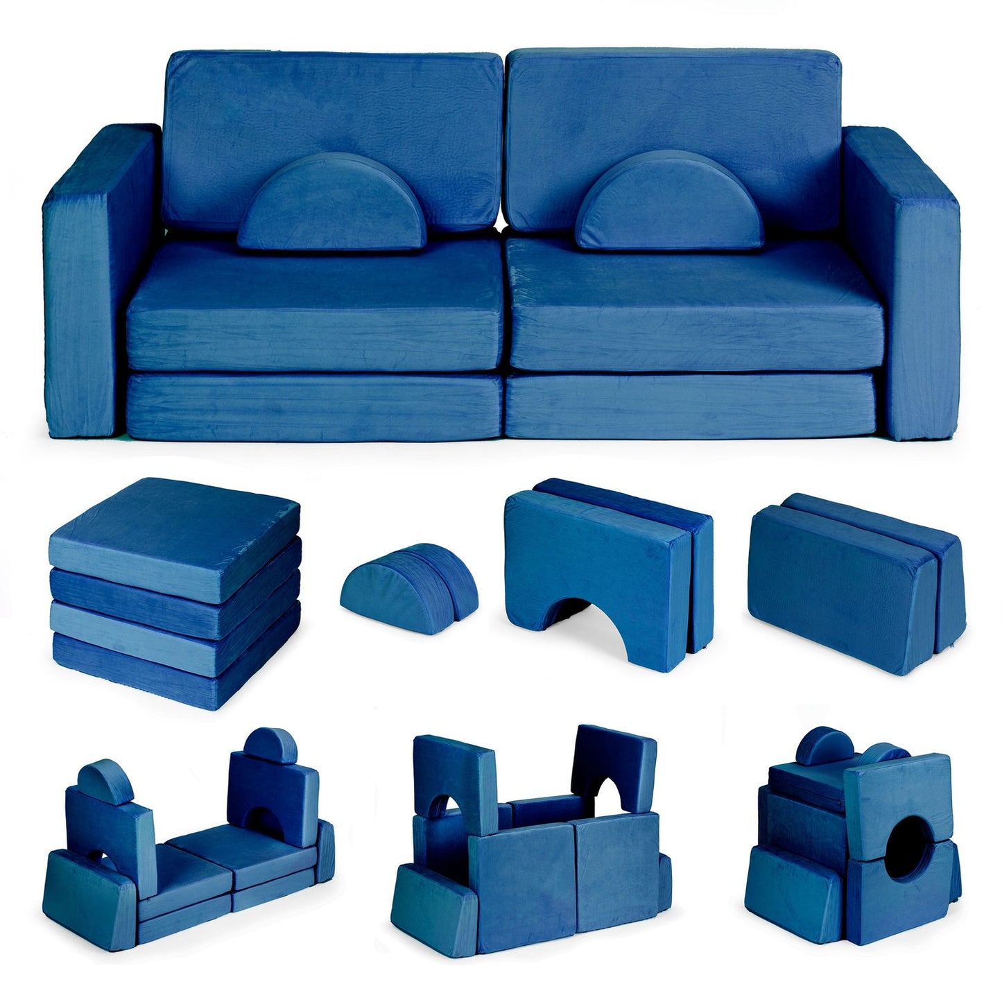 Modular Children's Sofa with 10 Cushions, Blue, 2-Person