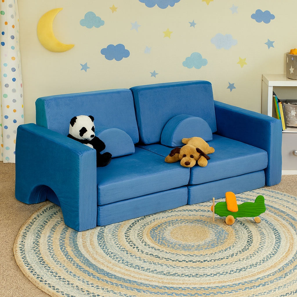 Modular Children's Sofa with 10 Cushions, Blue, 2-Person