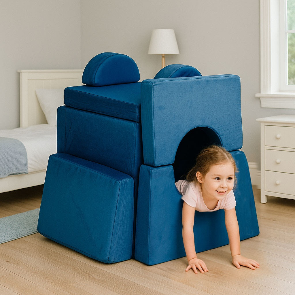 Modular Children's Sofa with 10 Cushions, Blue, 2-Person