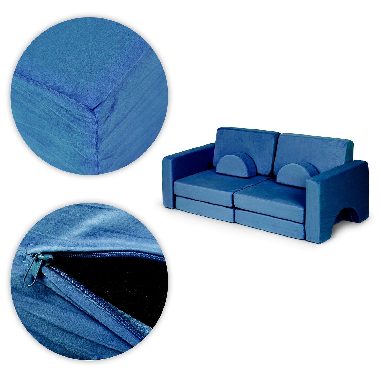 Modular Children's Sofa with 10 Cushions, Blue, 2-Person