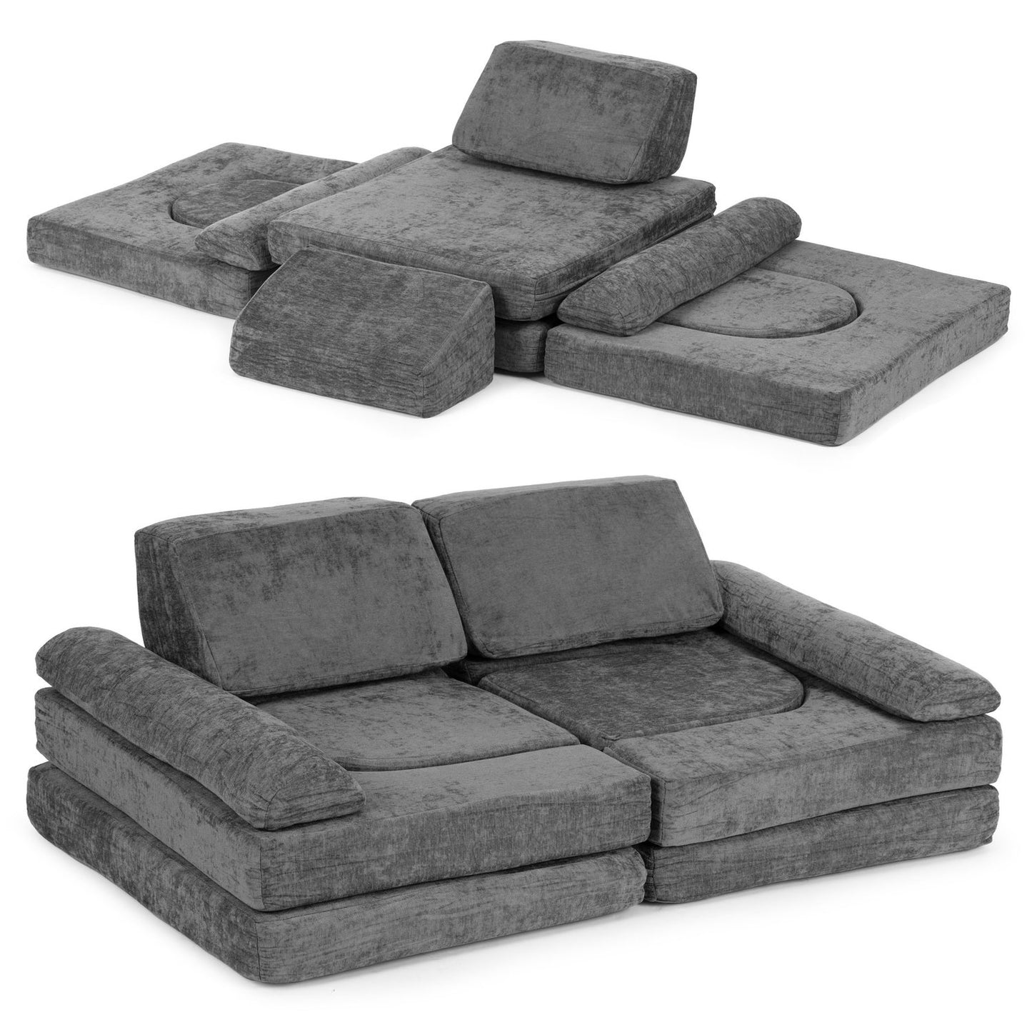 Modular Children's Sofa with 10 Cushions, Chenille Fabric