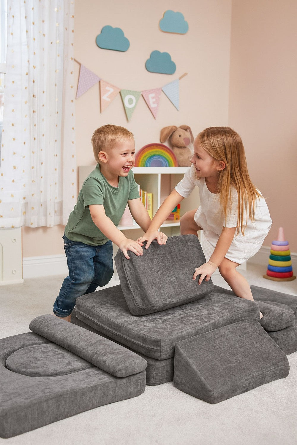 Modular Children's Sofa with 10 Cushions, Chenille Fabric