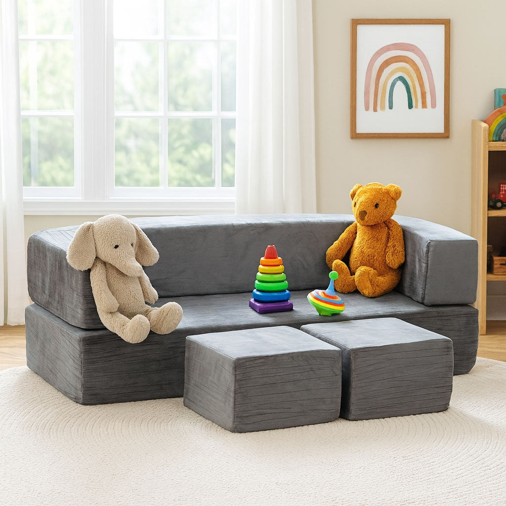Modular Children's Sofa with 4 Cushions – Grey