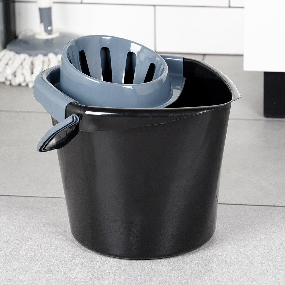 Mop bucket with wringer, plastic, black, 14 l