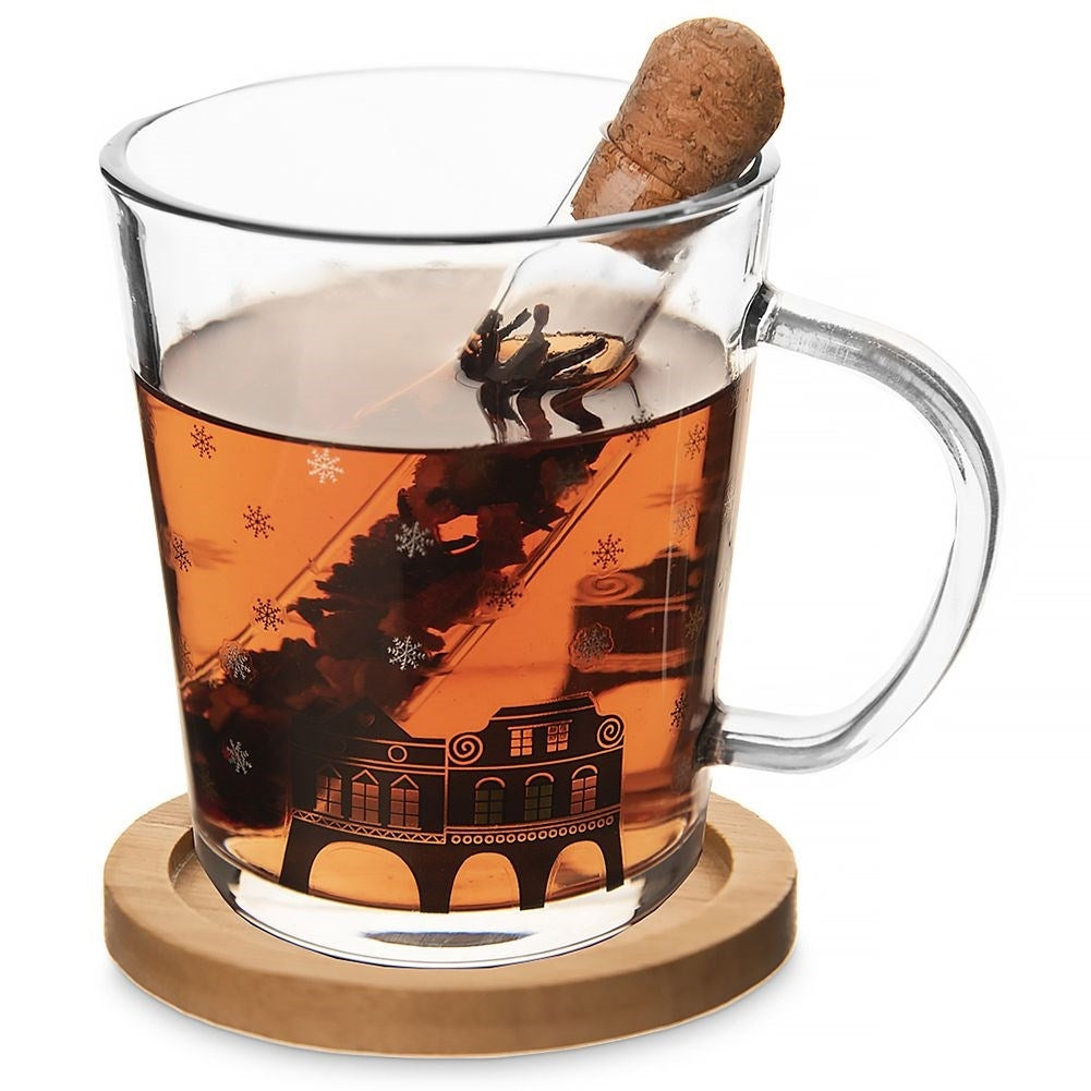 Mug Set: Glass, Handle, Tea Infuser & Bamboo Wood Coaster