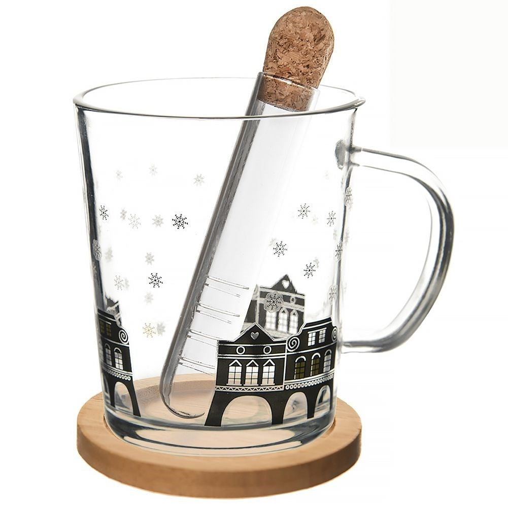 Mug Set: Glass, Handle, Tea Infuser & Bamboo Wood Coaster