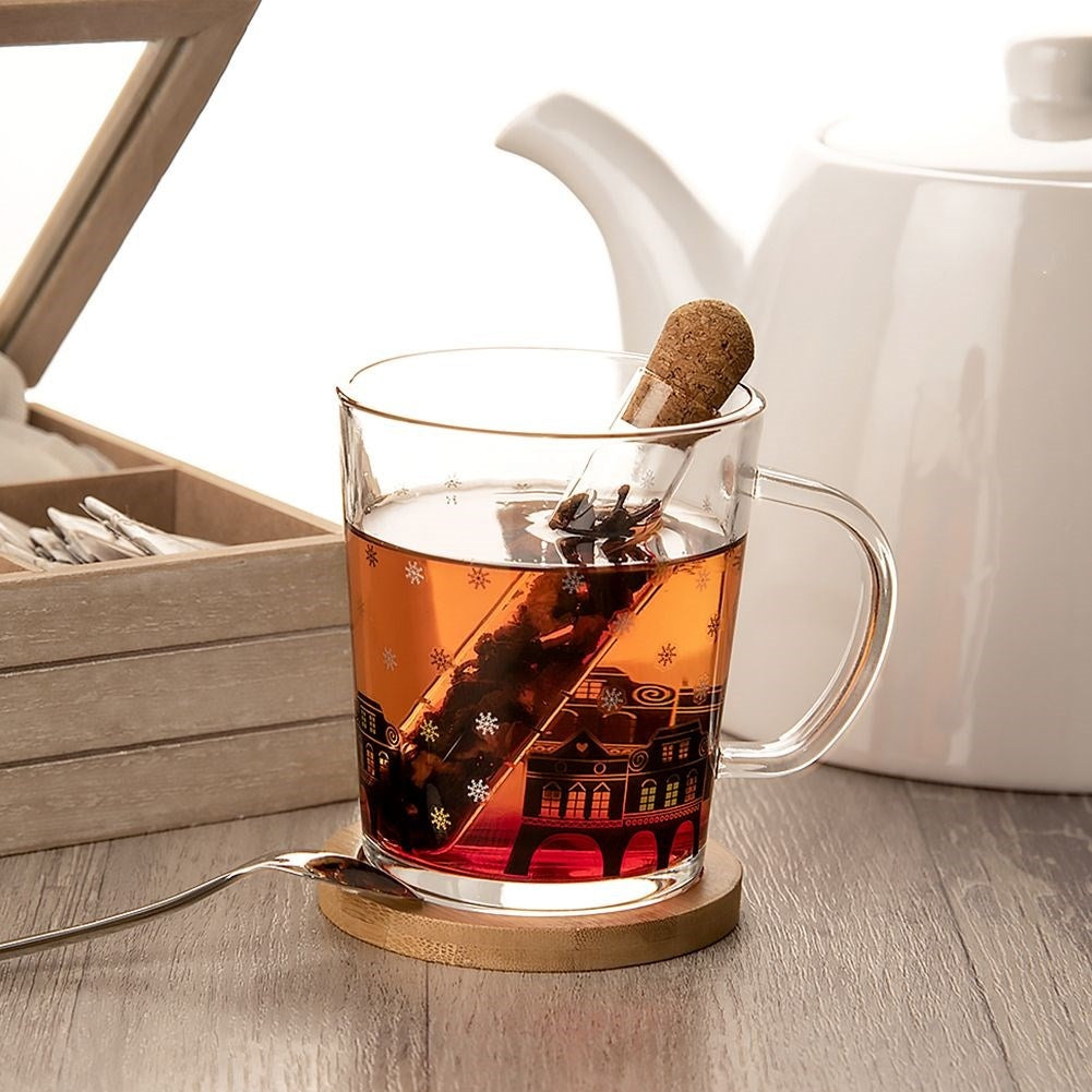 Mug Set: Glass, Handle, Tea Infuser & Bamboo Wood Coaster