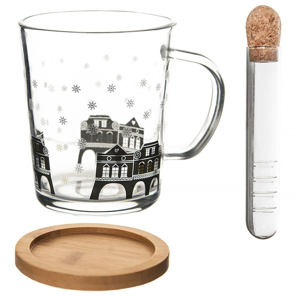 Mug Set: Glass, Handle, Tea Infuser & Bamboo Wood Coaster
