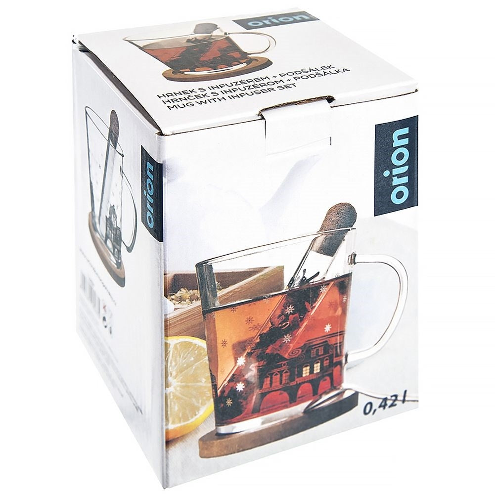 Mug Set: Glass, Handle, Tea Infuser & Bamboo Wood Coaster