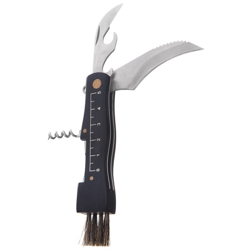 Mushroom knife with brush, corkscrew and cap opener