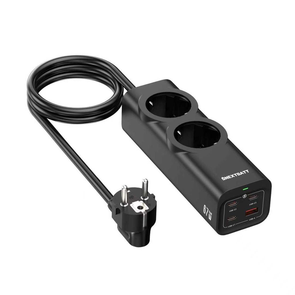 NEXTBATT 67W Fast Charging Power Strip 2-way/ 3xUSB-C/1x USB-A, 2m - Black