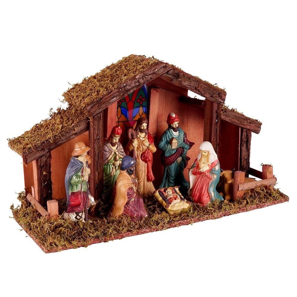 Nativity scene with LED lighting and 8 wooden figures