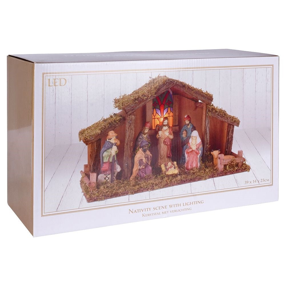 Nativity scene with LED lighting and 8 wooden figures
