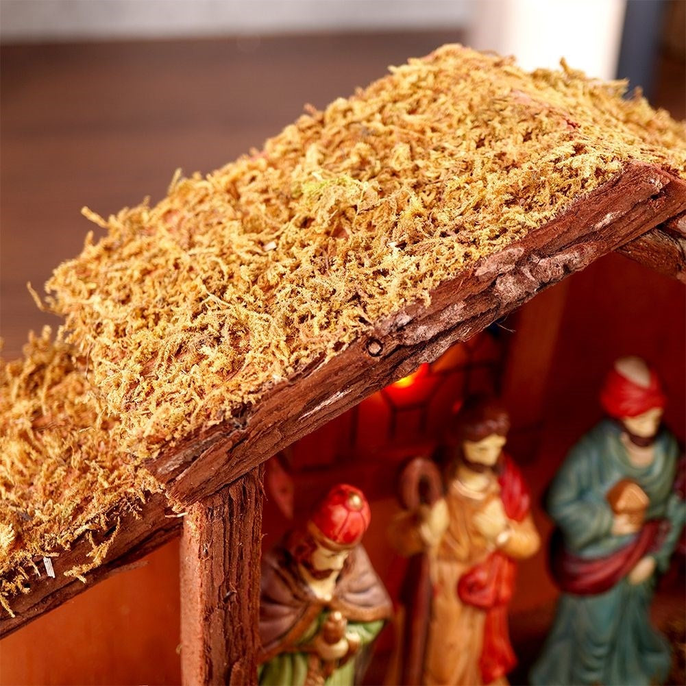 Nativity scene with LED lighting and 8 wooden figures