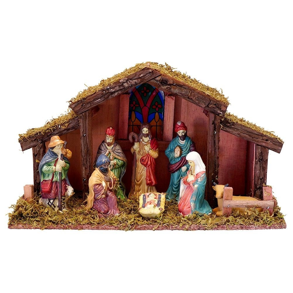 Nativity scene with LED lighting and 8 wooden figures