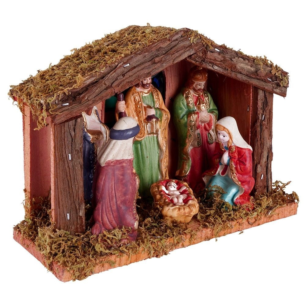 Nativity scene wooden LED lighting 8 figures artificial moss