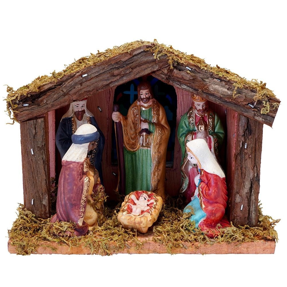 Nativity scene wooden LED lighting 8 figures artificial moss