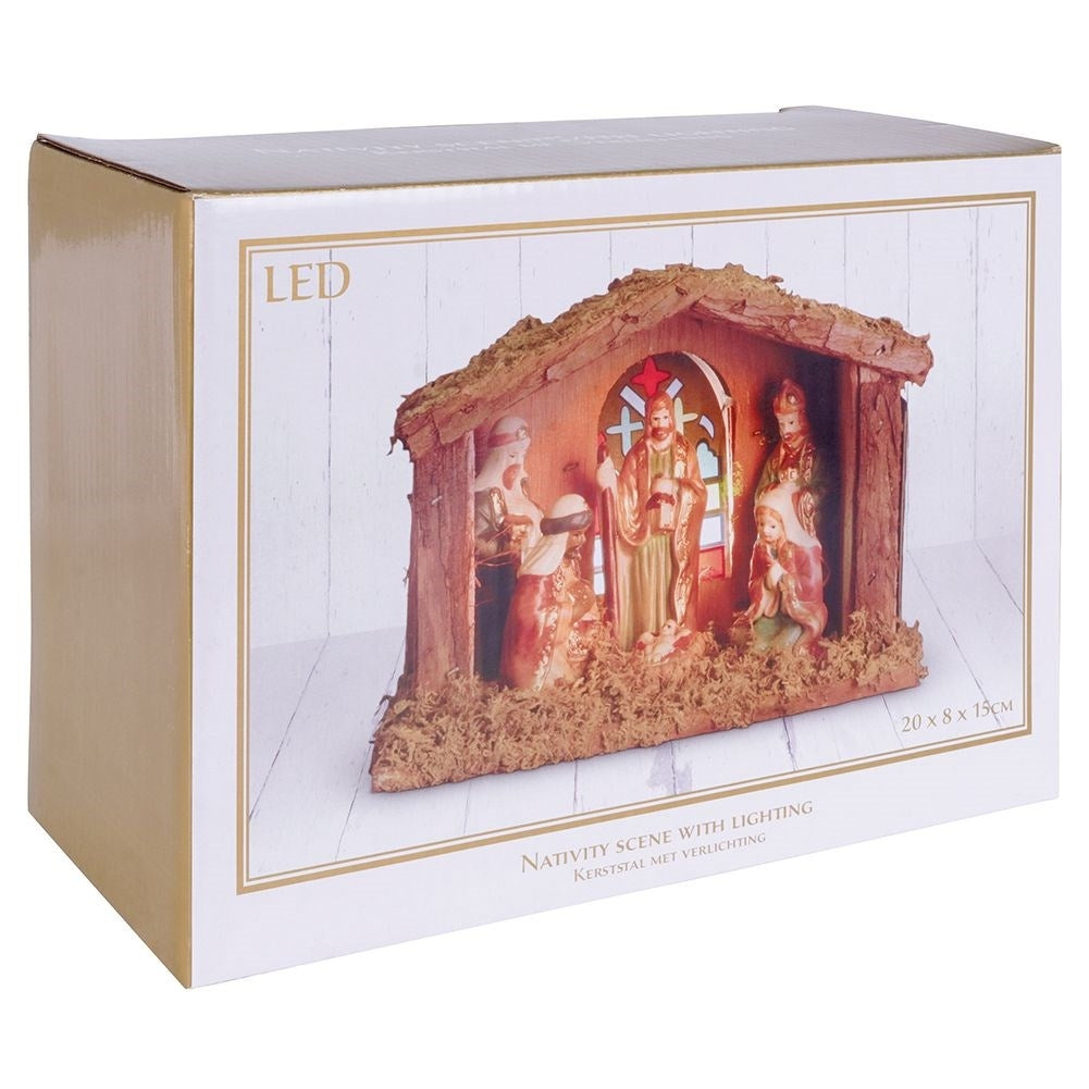 Nativity scene wooden LED lighting 8 figures artificial moss