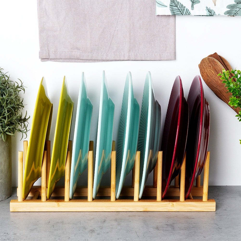 Natural bamboo plate organizer for easy access