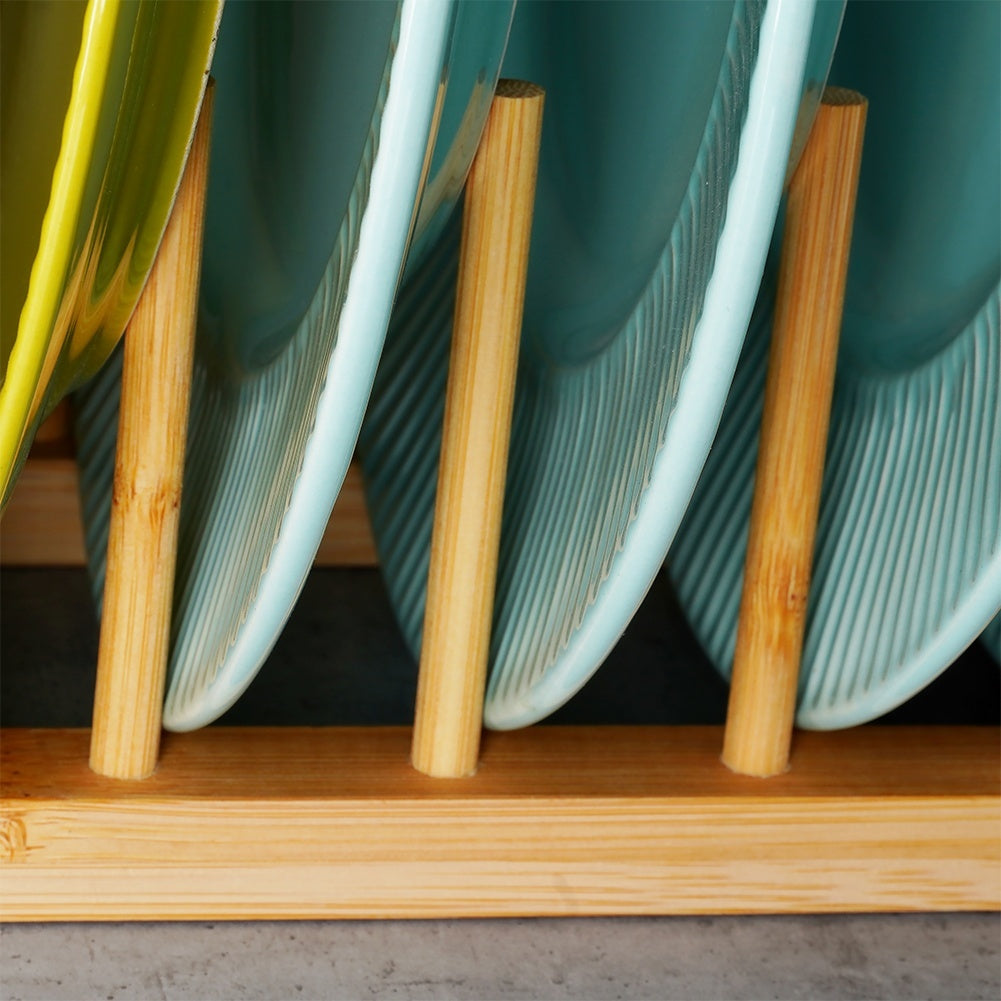 Natural bamboo plate organizer for easy access