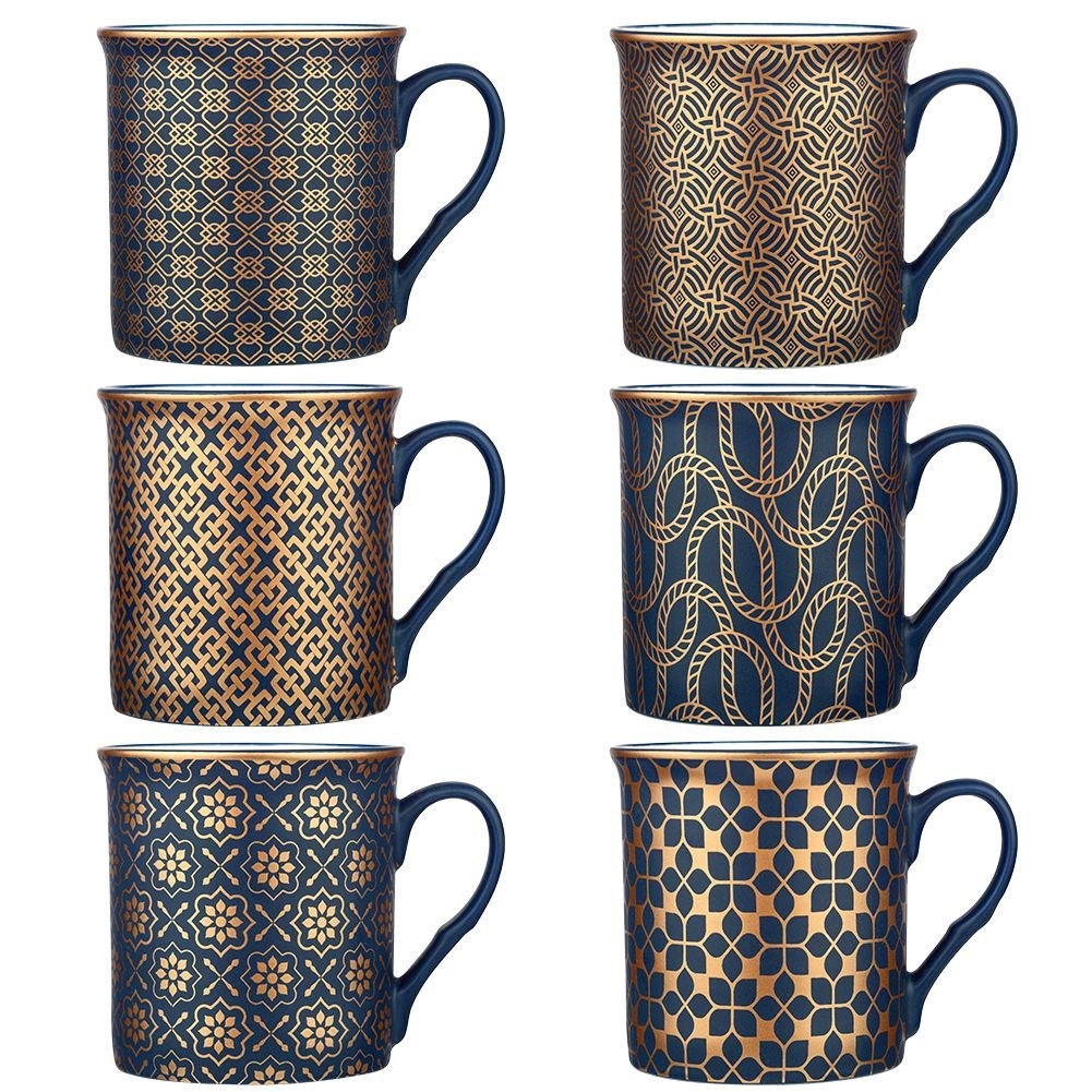 Navy Blue Porcelain Mugs with Golden Pattern, 6-pack