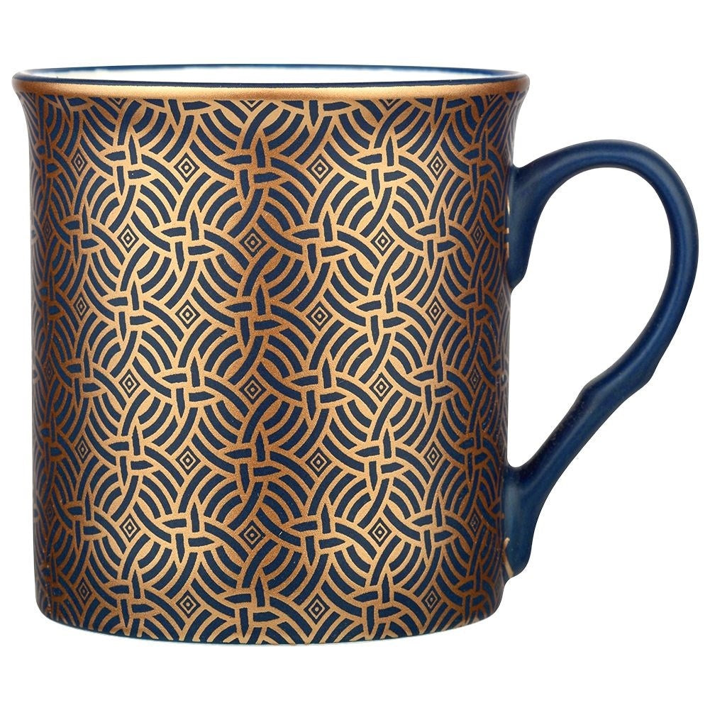 Navy Blue Porcelain Mugs with Golden Pattern, 6-pack