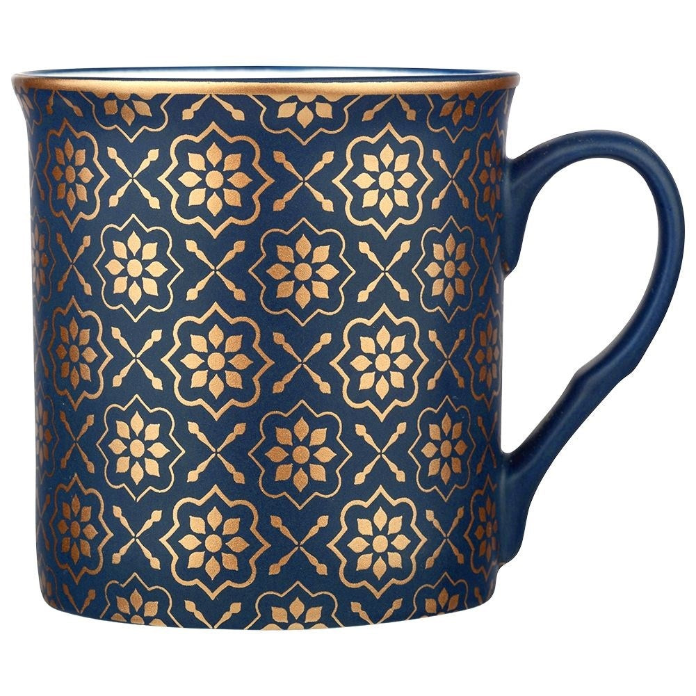 Navy Blue Porcelain Mugs with Golden Pattern, 6-pack