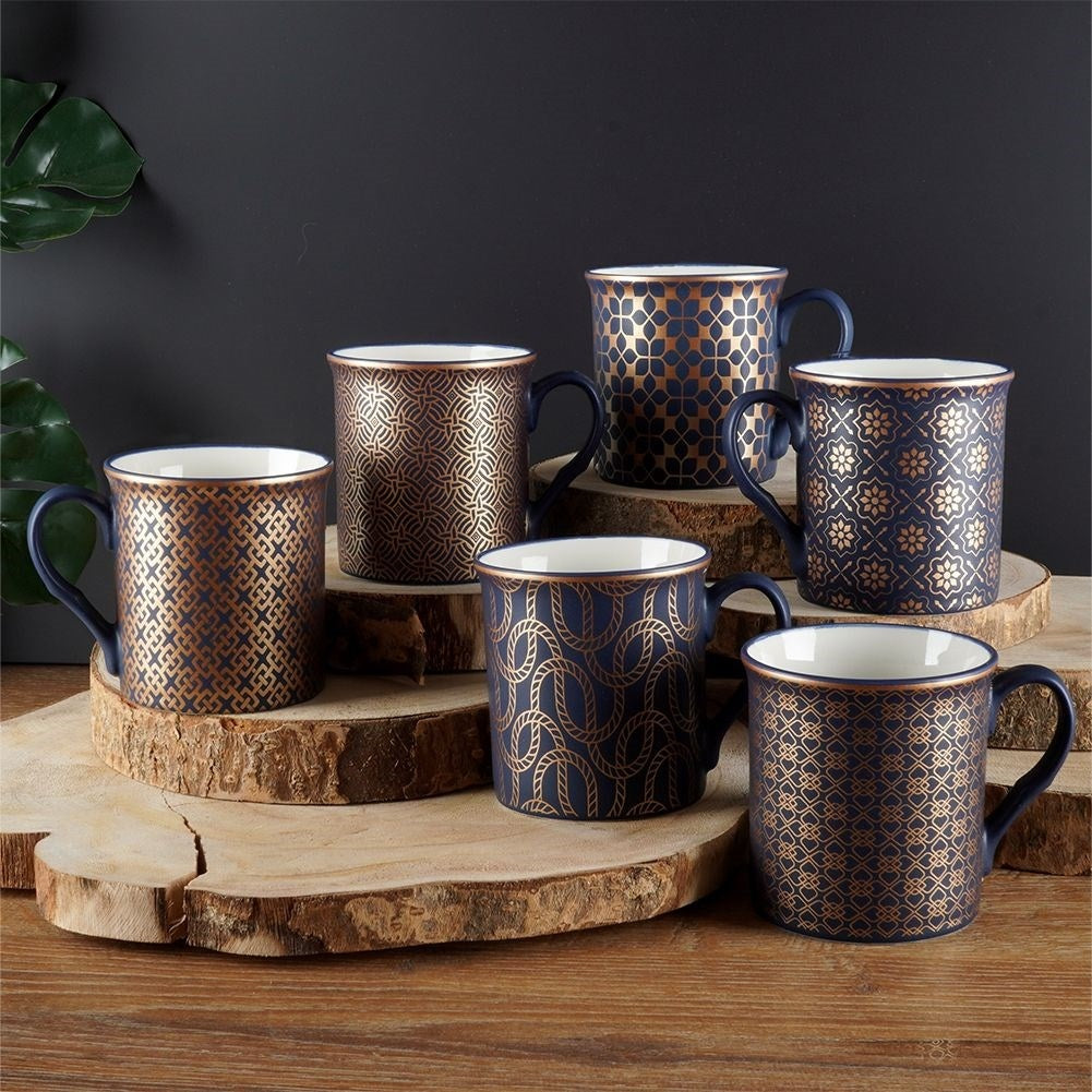 Navy Blue Porcelain Mugs with Golden Pattern, 6-pack