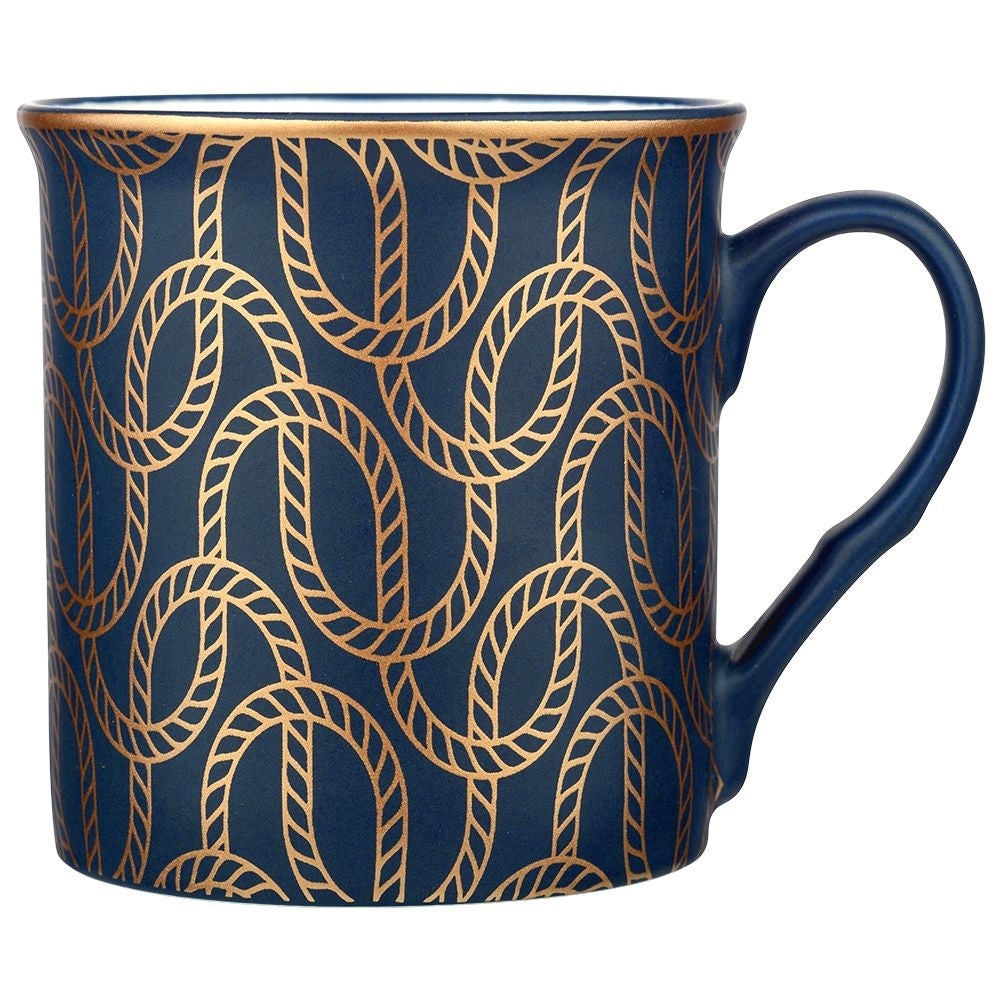 Navy Blue Porcelain Mugs with Golden Pattern, 6-pack