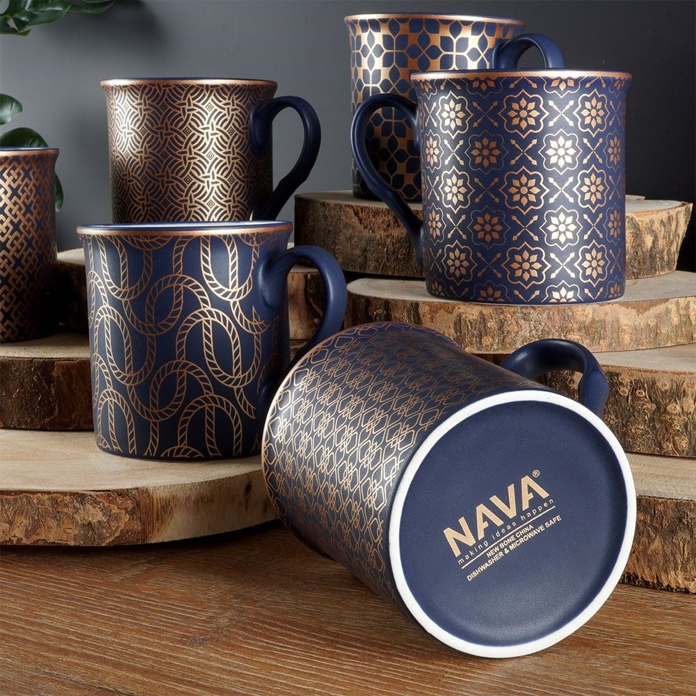 Navy Blue Porcelain Mugs with Golden Pattern, 6-pack