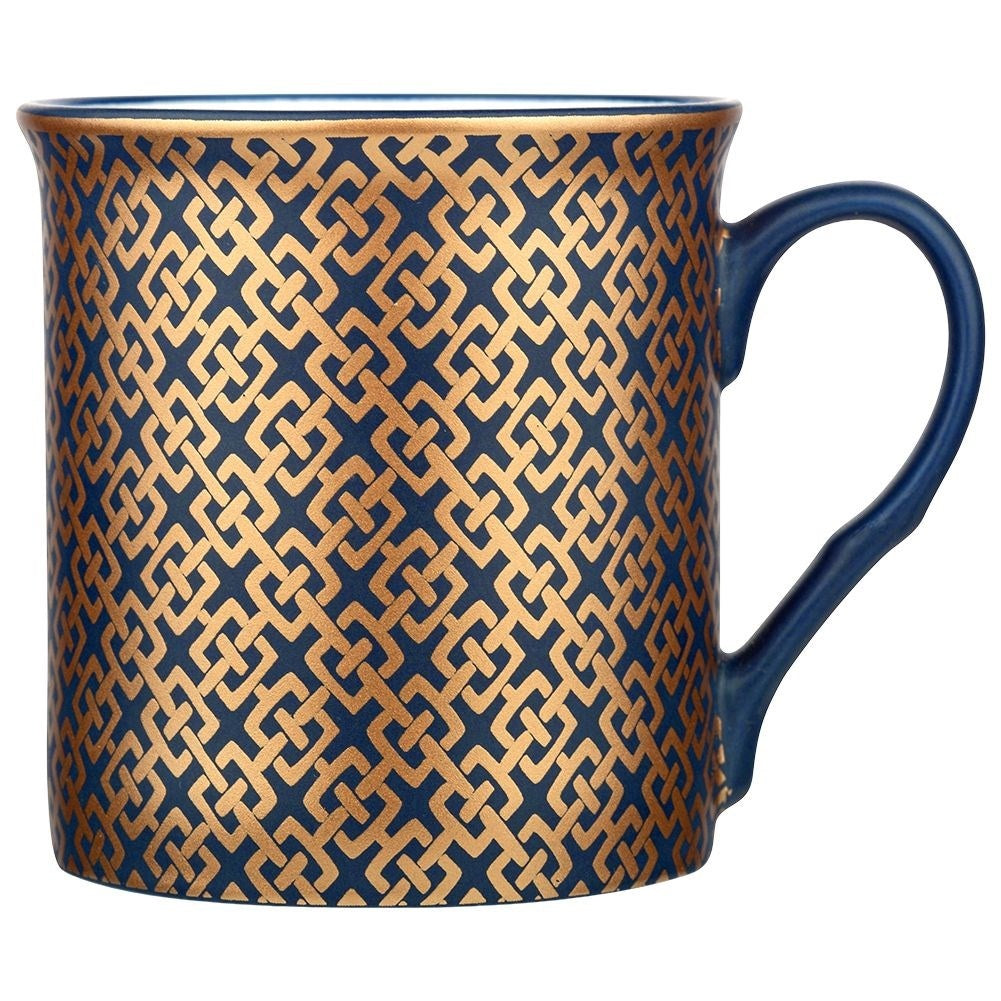 Navy Blue Porcelain Mugs with Golden Pattern, 6-pack
