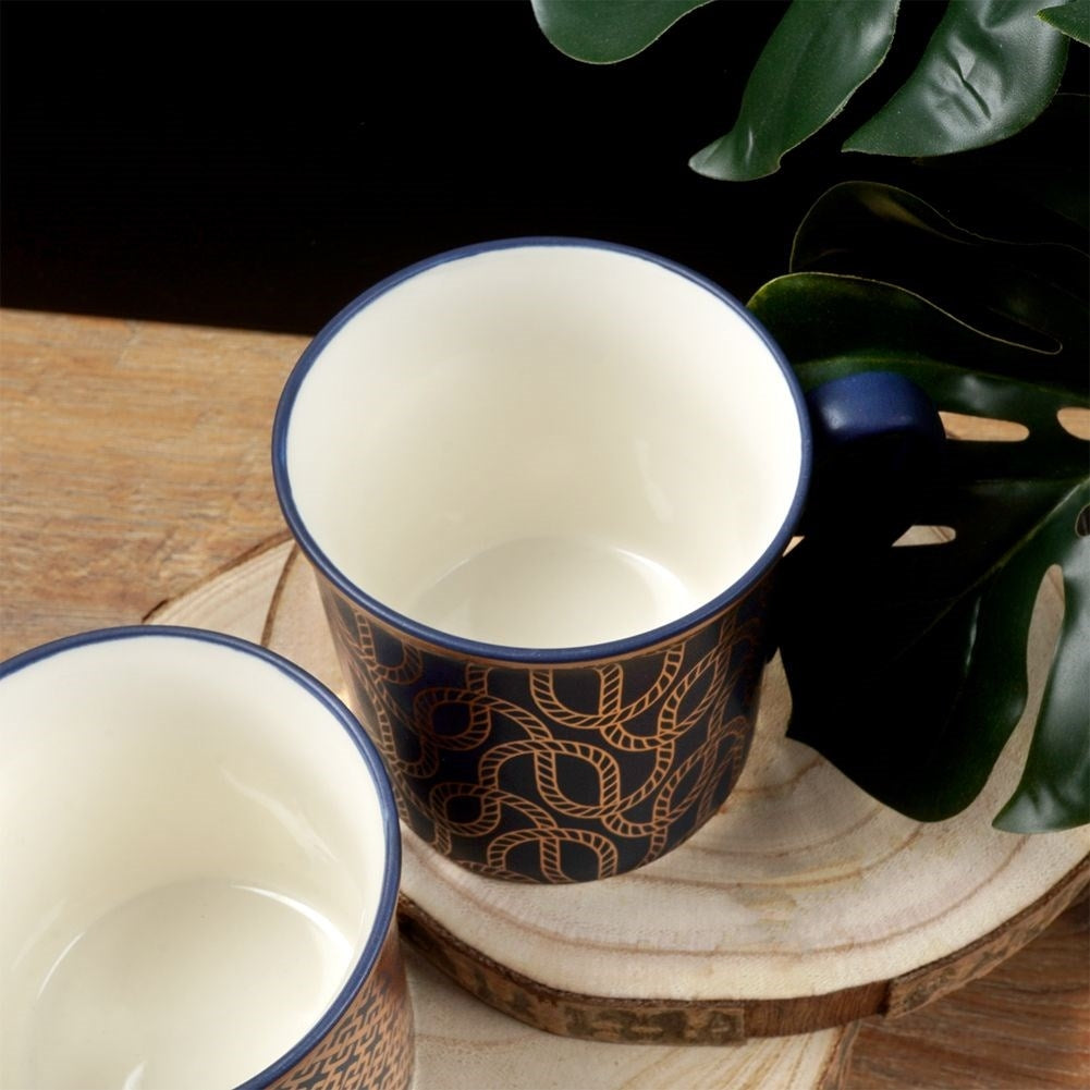Navy Blue Porcelain Mugs with Golden Pattern, 6-pack