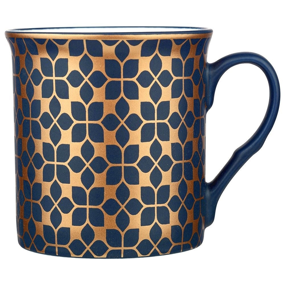 Navy Blue Porcelain Mugs with Golden Pattern, 6-pack