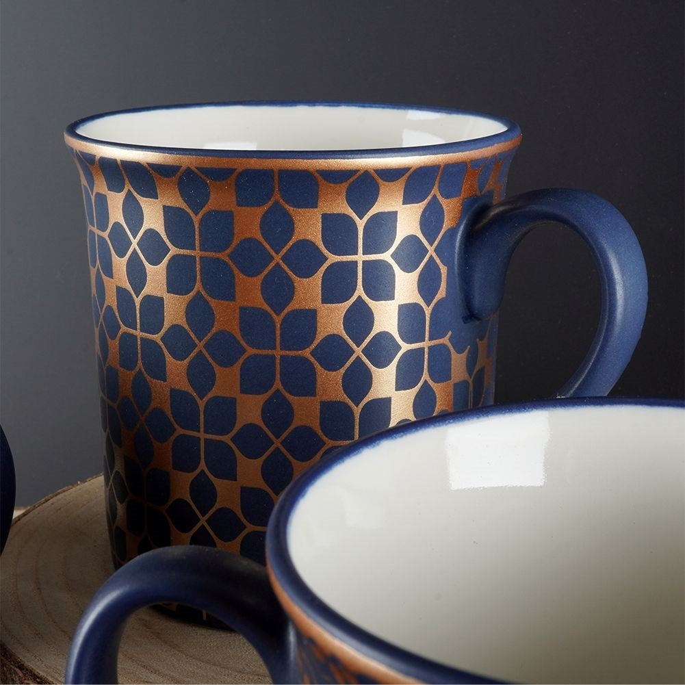Navy Blue Porcelain Mugs with Golden Pattern, 6-pack