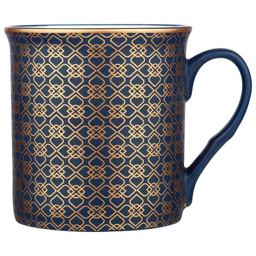 Navy Blue Porcelain Mugs with Golden Pattern, 6-pack