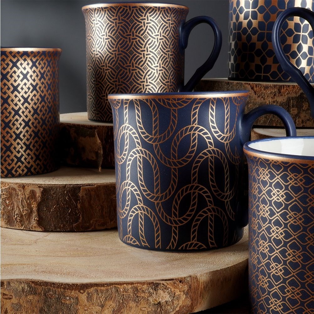 Navy Blue Porcelain Mugs with Golden Pattern, 6-pack