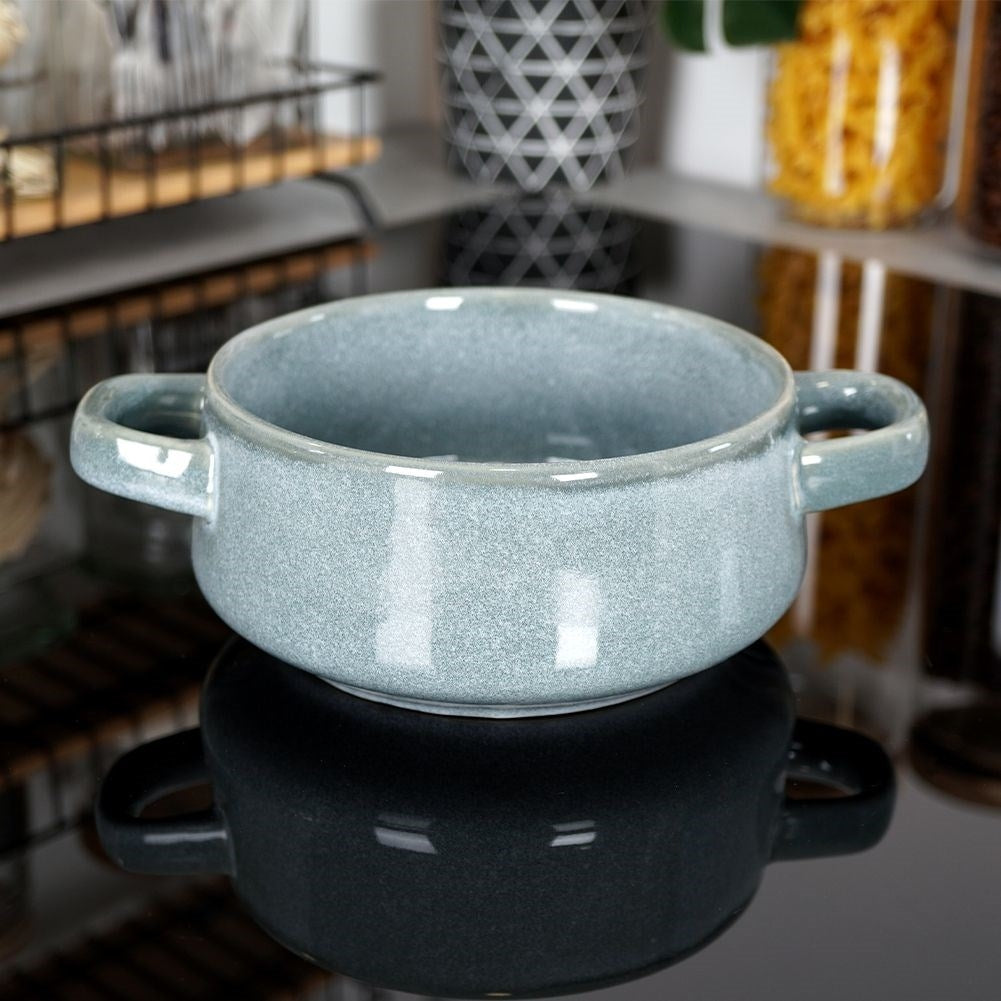 Navy blue ceramic bowl with handle for soup and snacks