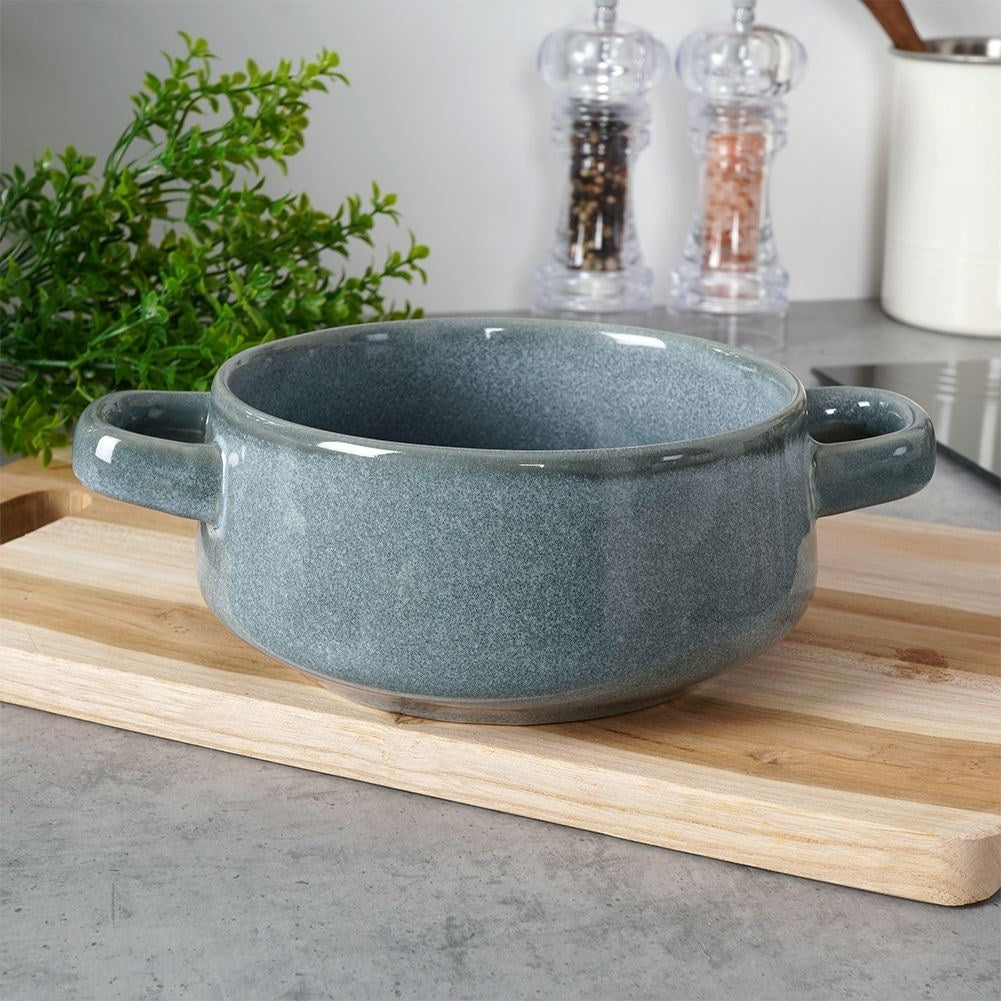 Navy blue ceramic bowl with handle for soup and snacks