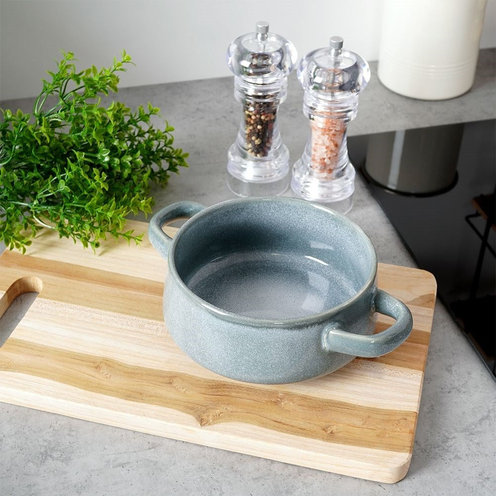 Navy blue ceramic bowl with handle for soup and snacks