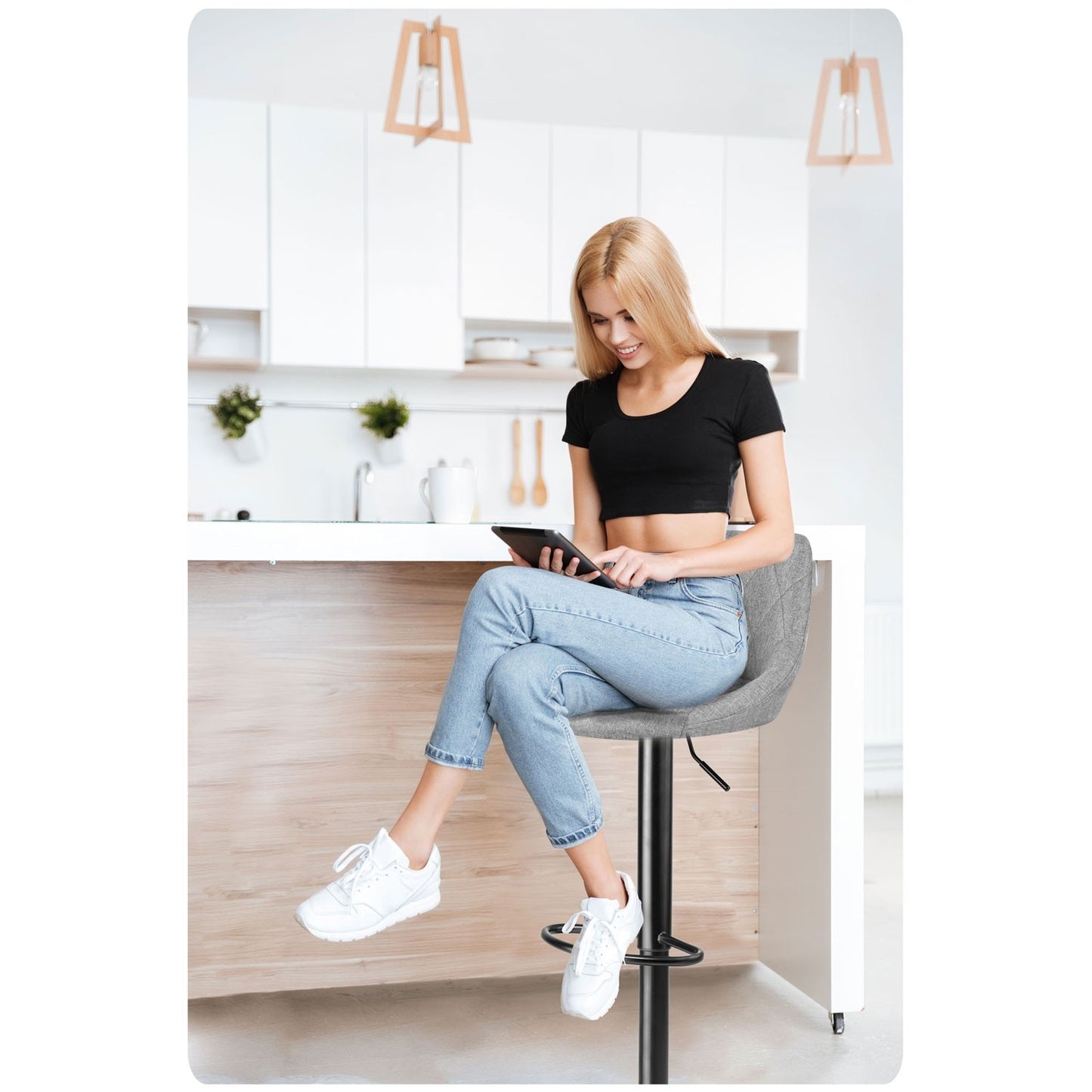 Nerra fabric bar stool with backrest, gray