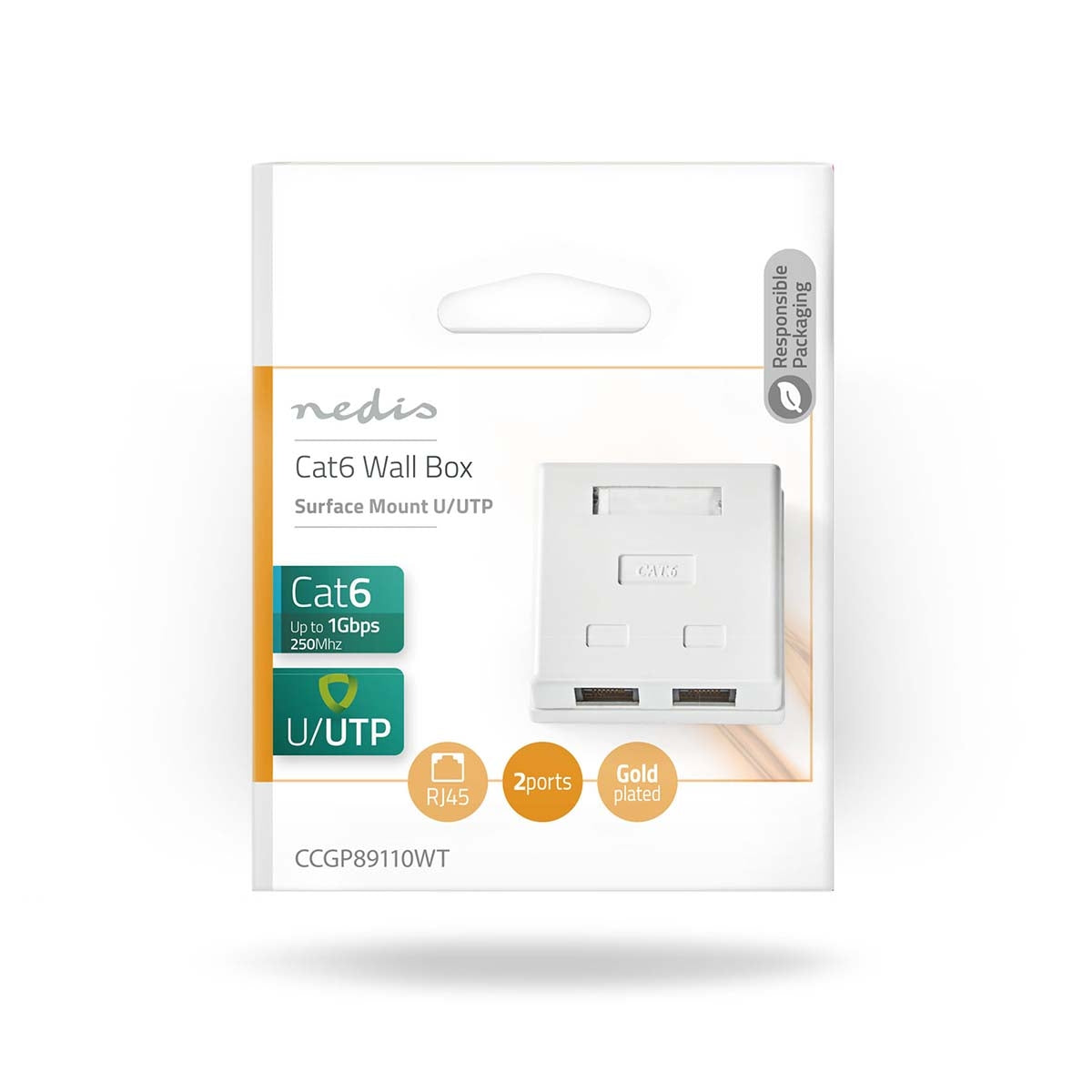 Network wall box | On the wall | 2-Port port(s) | UTP CAT6 | Straight | Female | Gold Plated | PVC | White | Envelope