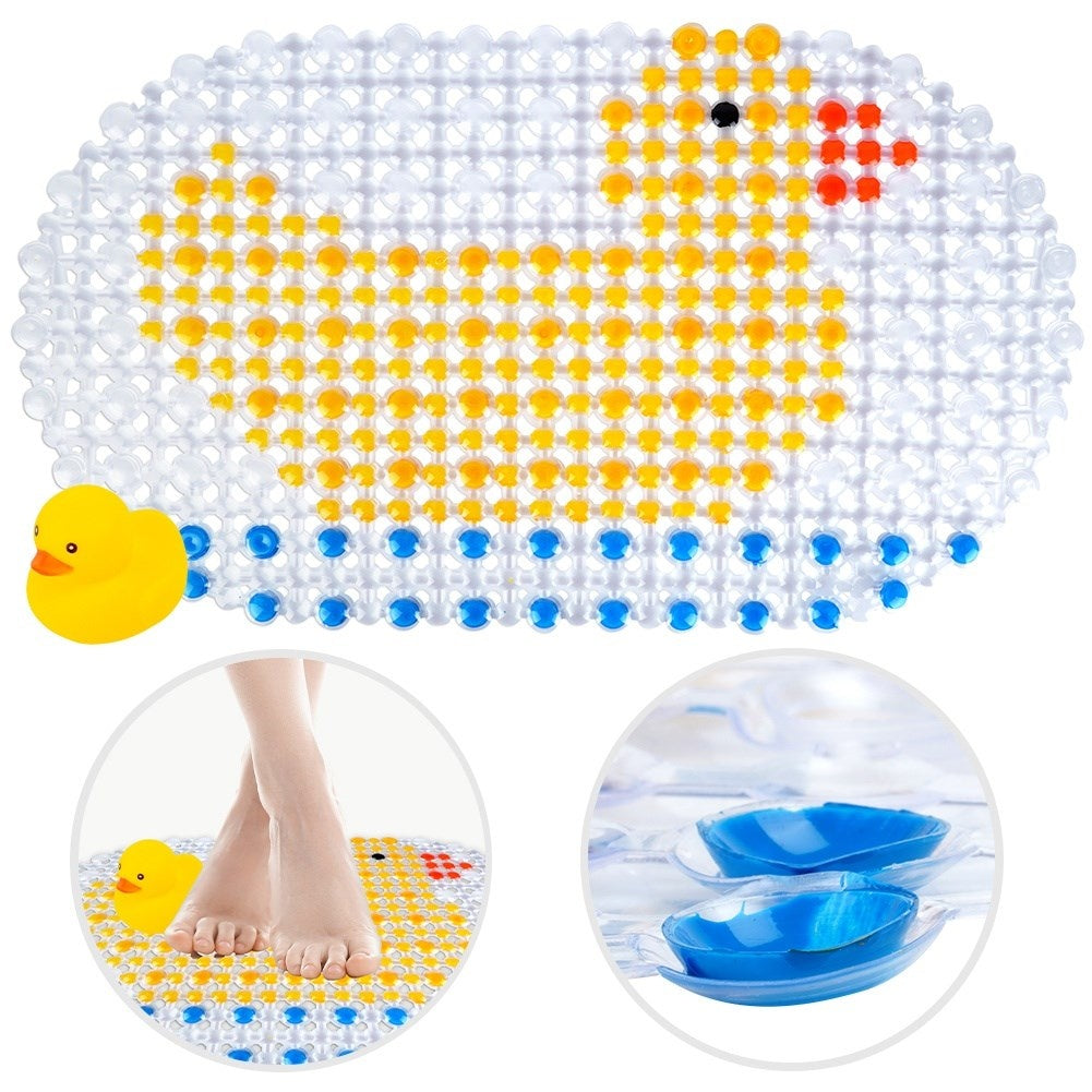 Non-slip mat with suction cups and squeaky duck for bathtubs