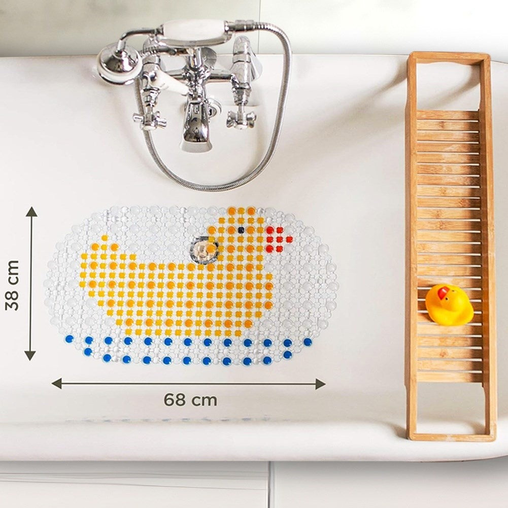 Non-slip mat with suction cups and squeaky duck for bathtubs