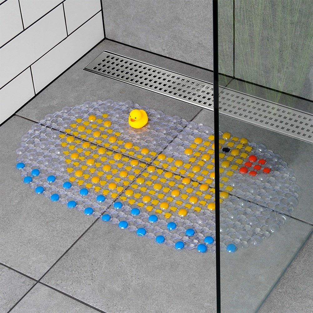 Non-slip mat with suction cups and squeaky duck for bathtubs