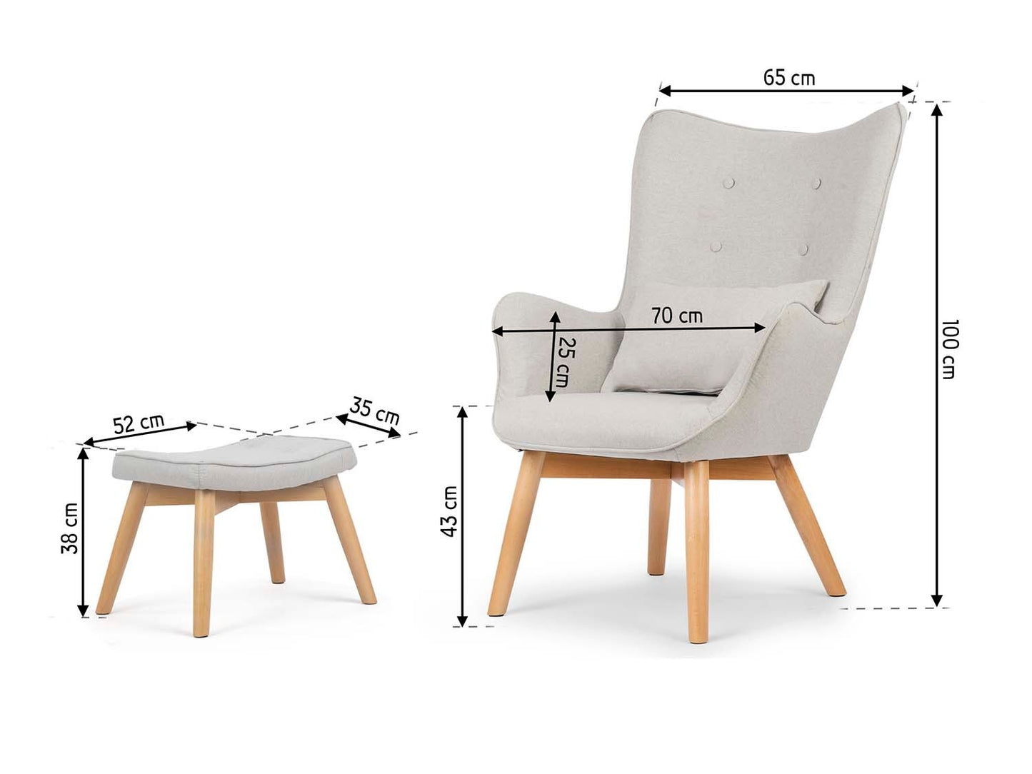 Norse wing chair with footrest light grey
