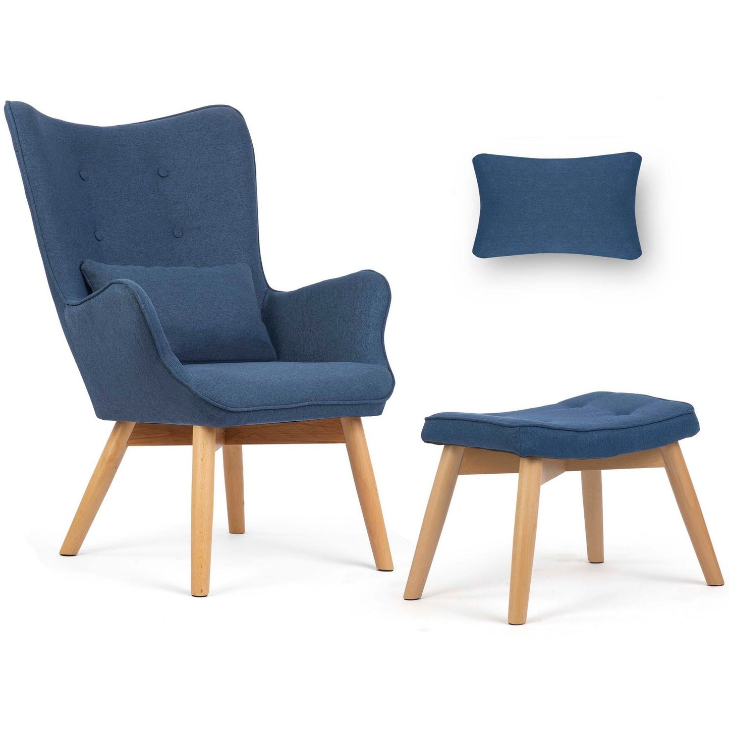 Norse wing chair with footstool, blue