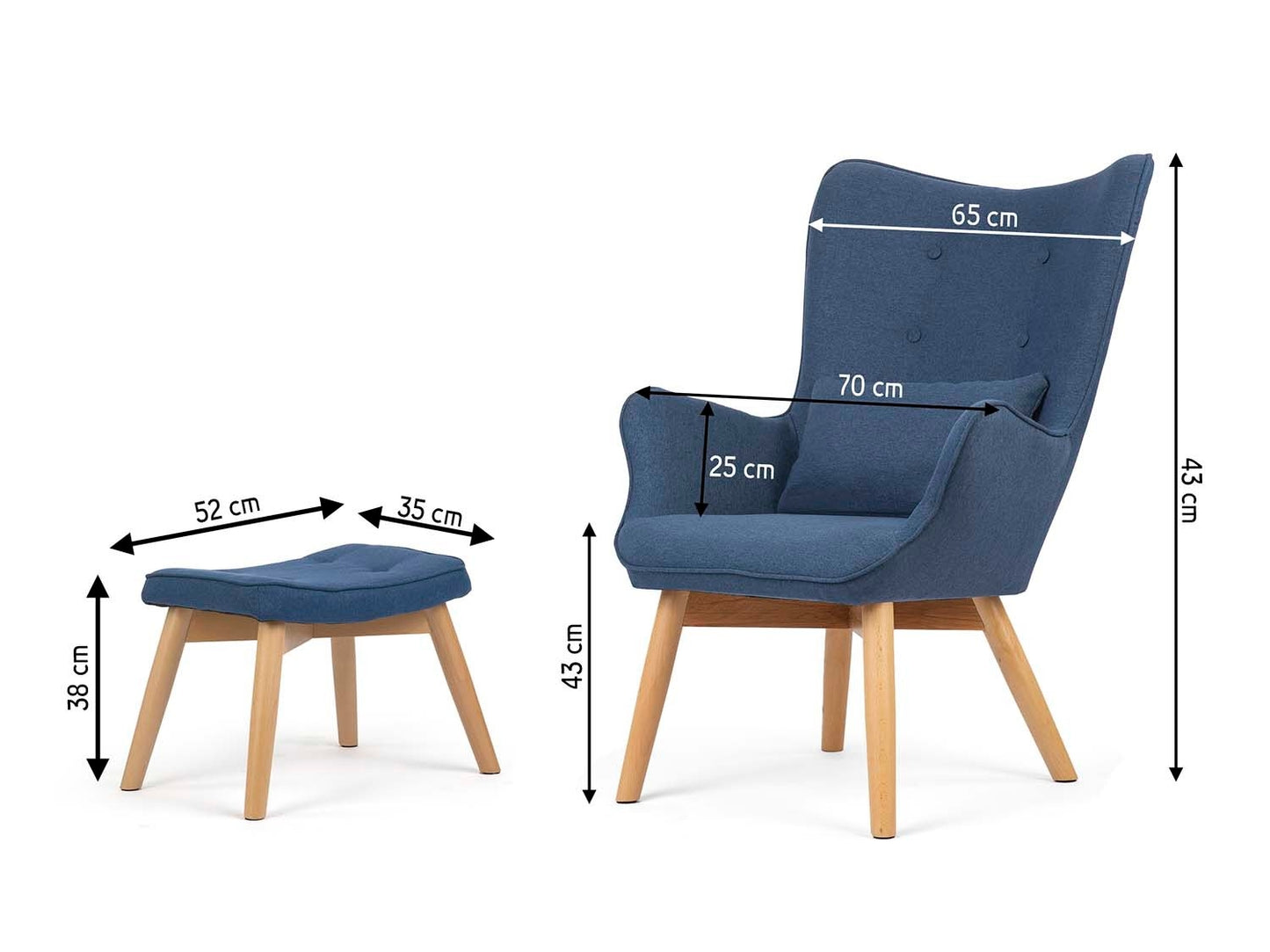 Norse wing chair with footstool, blue