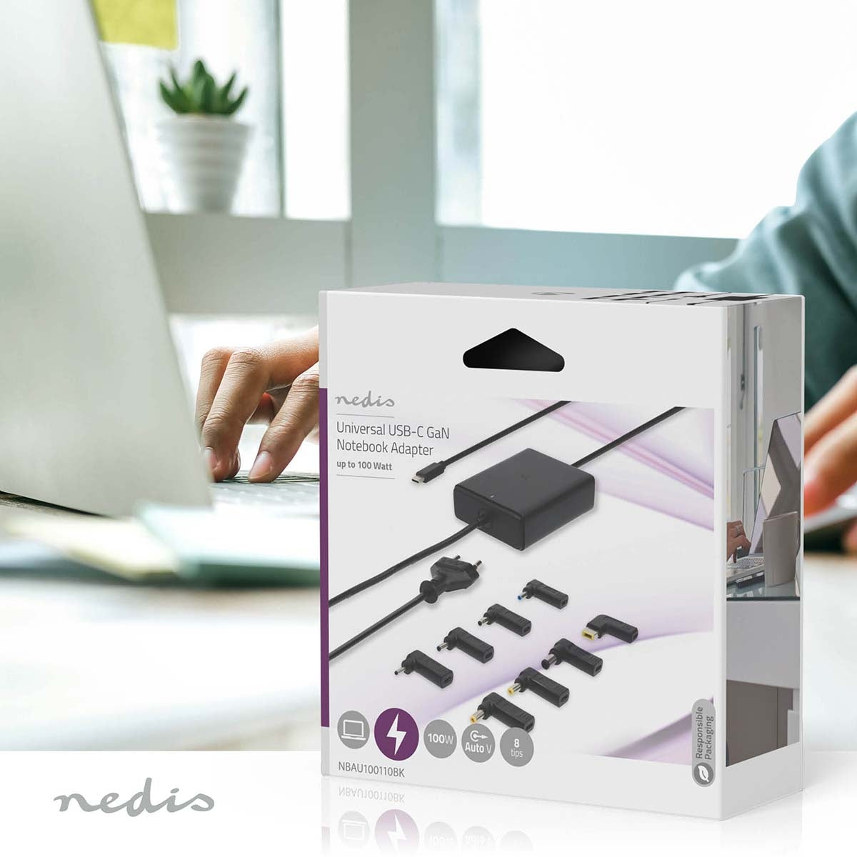 Notebook Adapter | GaN | 100 W | 5 / 9 / 12 / 15 / 20 V DC | 3.0 / 5.0 A | Used for: Notebook / Smartphone / Tablet | Euro / Type-C (CEE 7/16)
