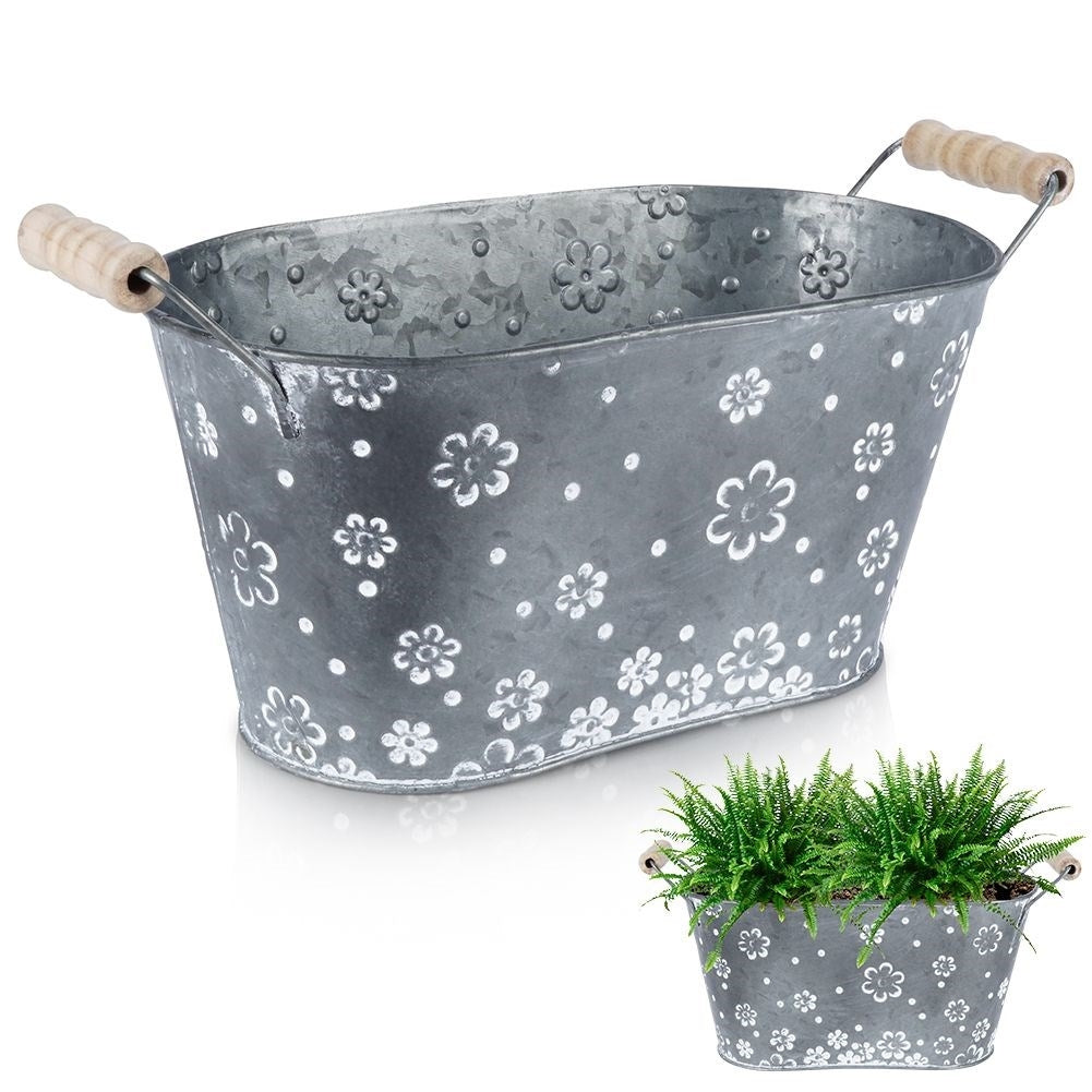 Oblong galvanized pot with handle and white flowers