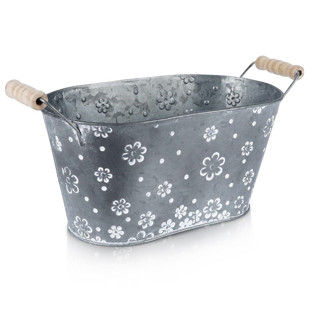 Oblong galvanized pot with handle and white flowers